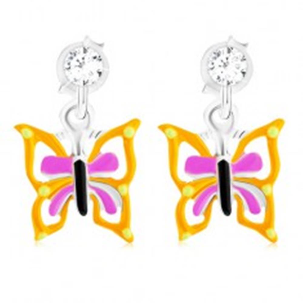 Šperky eshop Puzetové náušnice zo striebra 925, motýľ so žlto-fialovými krídlami, glazúra