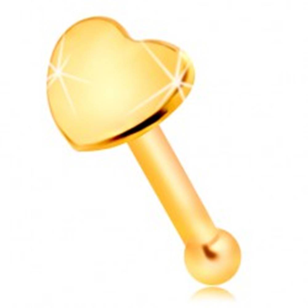 Šperky eshop Rovný piercing do nosa v žltom 14K zlate - malé lesklé srdiečko