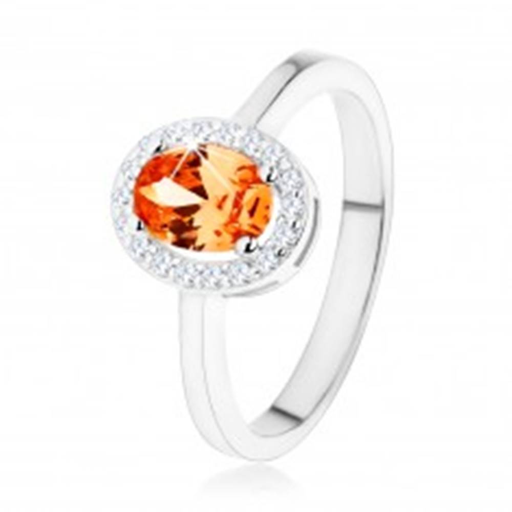 Šperky eshop Strieborný prsteň 925, oranžový oválny zirkón, číry ligotavý lem - Veľkosť: 48 mm