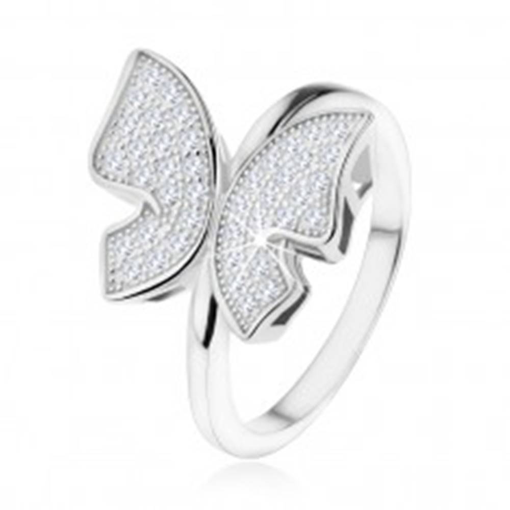 Šperky eshop Strieborný prsteň 925, trblietavý motýľ vykladaný zirkónikmi čírej farby - Veľkosť: 48 mm