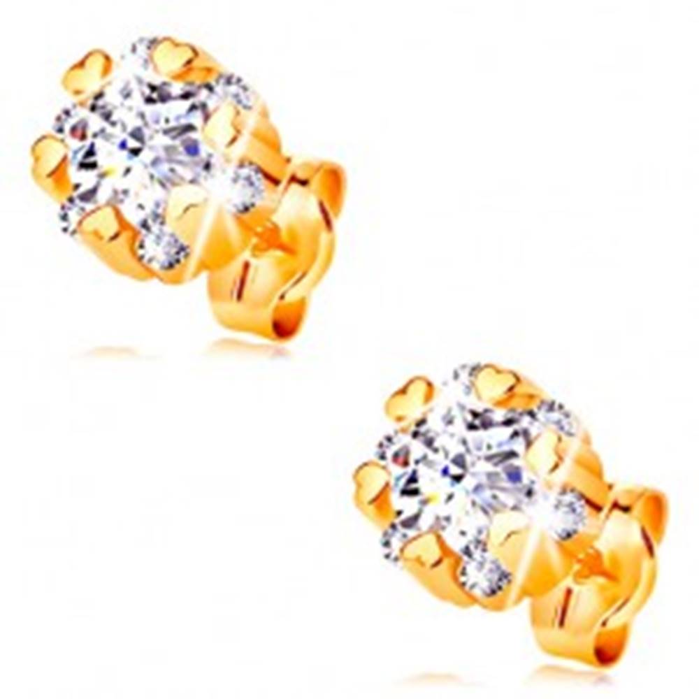 Šperky eshop Zlaté 14K náušnice - žiarivý kvet čírej farby a drobné lesklé srdiečka