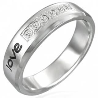Oceľový prsteň - nápis "love", šesť zirkónov - Veľkosť: 52 mm
