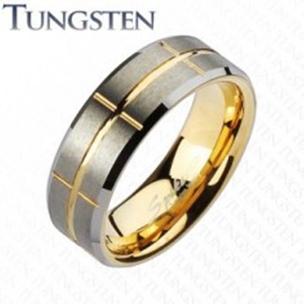 Šperky eshop Dvojfarebná obrúčka z tungstenu, zlatý a strieborný odtieň, zárezy, 8 mm - Veľkosť: 49 mm