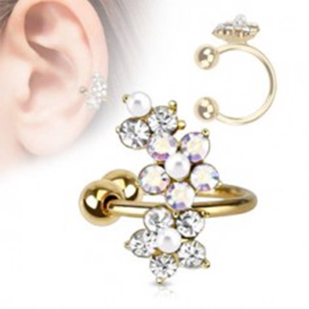 Šperky eshop Falošný piercing do ucha, krúžok z ocele 316L, zlatá farba, zirkónové kvietky