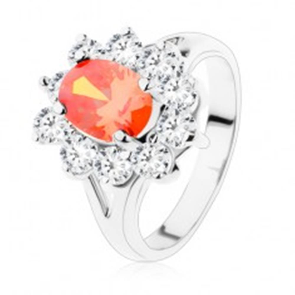 Šperky eshop Lesklý prsteň so striebornou farbou, oranžový ovál, číra zirkónová obruba - Veľkosť: 51 mm