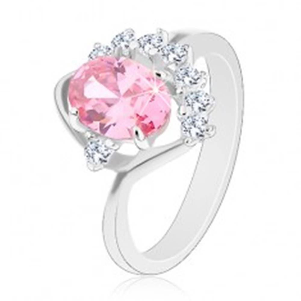 Šperky eshop Lesklý prsteň so zahnutým ramenom, ružový ovál, zirkónový číry oblúk, oblúčik - Veľkosť: 49 mm