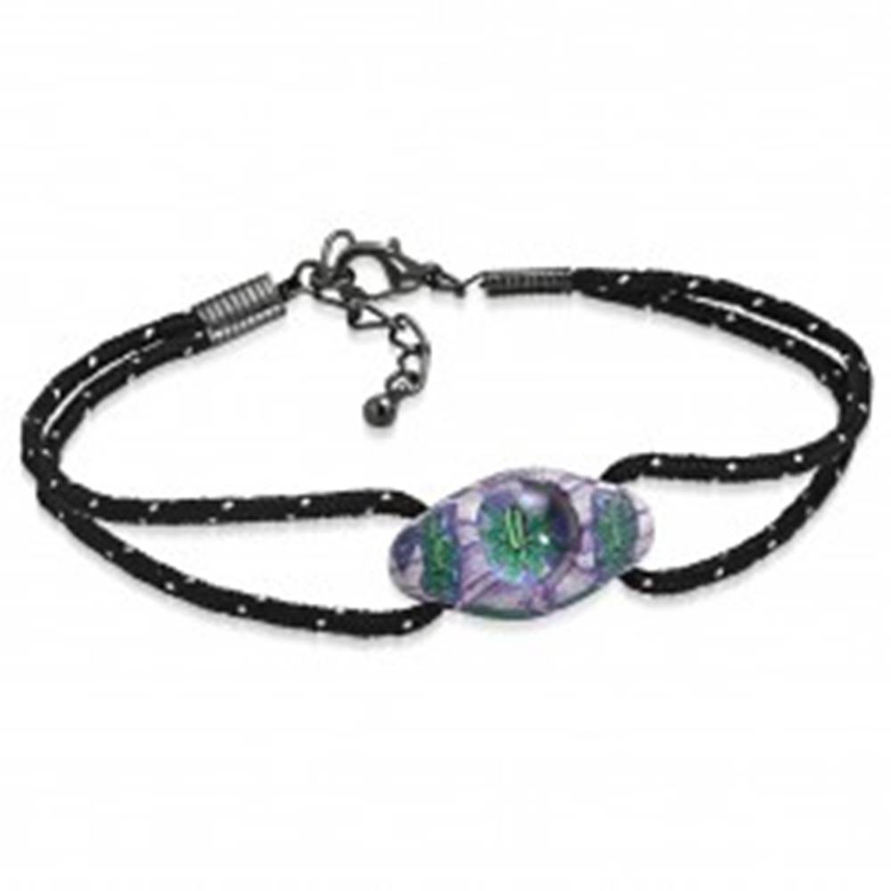 Šperky eshop Náramok z čiernych šnúrok a oválnej FIMO korálky, fialovo-zelené kvety - Dĺžka: 180 mm