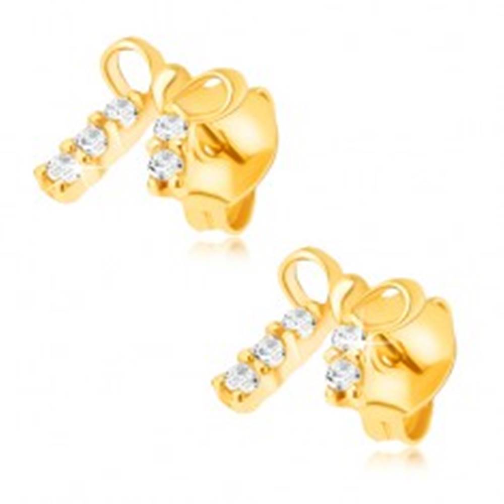 Šperky eshop Náušnice v žltom 14K zlate - malá ligotavá mašlička, kamienky