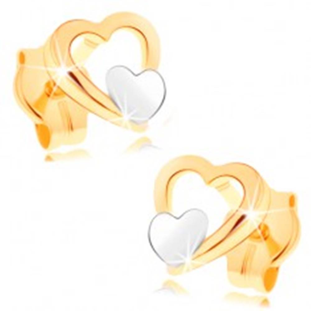 Šperky eshop Náušnice zo 14K zlata - lesklý obrys srdca, malé ploché srdiečko v bielom zlate
