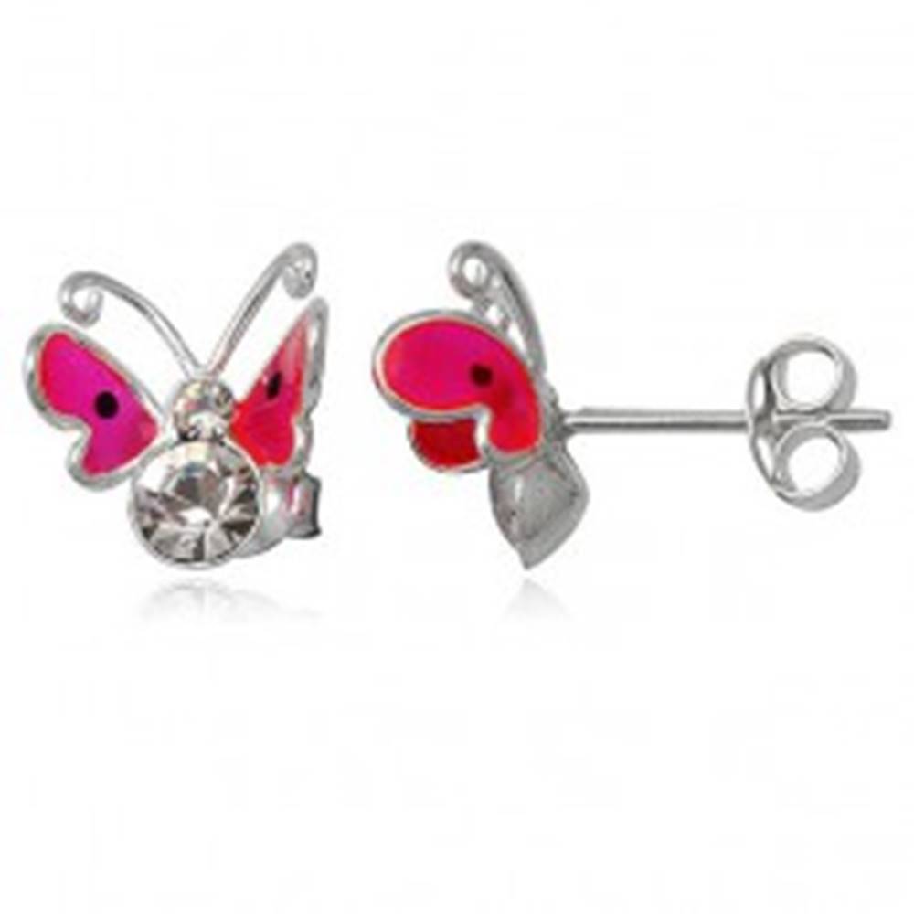 Šperky eshop Náušnice zo striebra 925 - ružový lietajúci motýľ, dva zirkóny