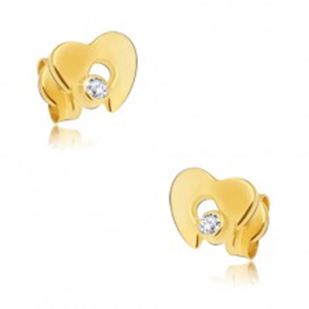 Šperky eshop Náušnice zo žltého 14K zlata - ploché lesklé srdce s výrezom, zirkón