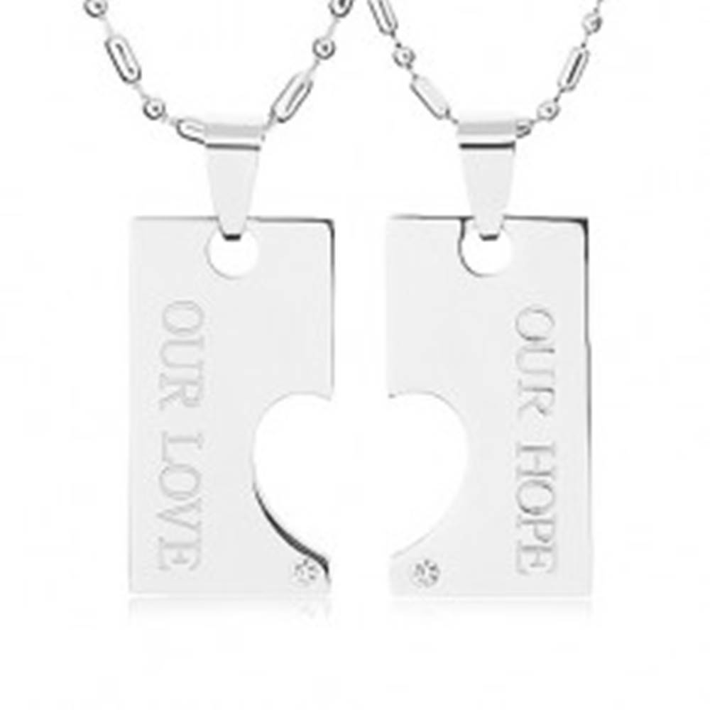 Šperky eshop Oceľové náhrdelníky pre dvoch, známka s výrezom polovičného srdca, nápis