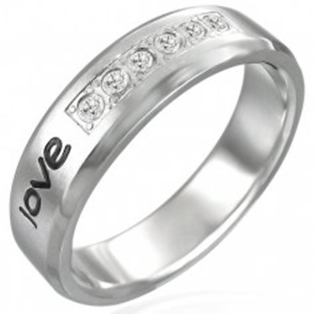 Šperky eshop Oceľový prsteň - nápis "love", šesť zirkónov - Veľkosť: 52 mm