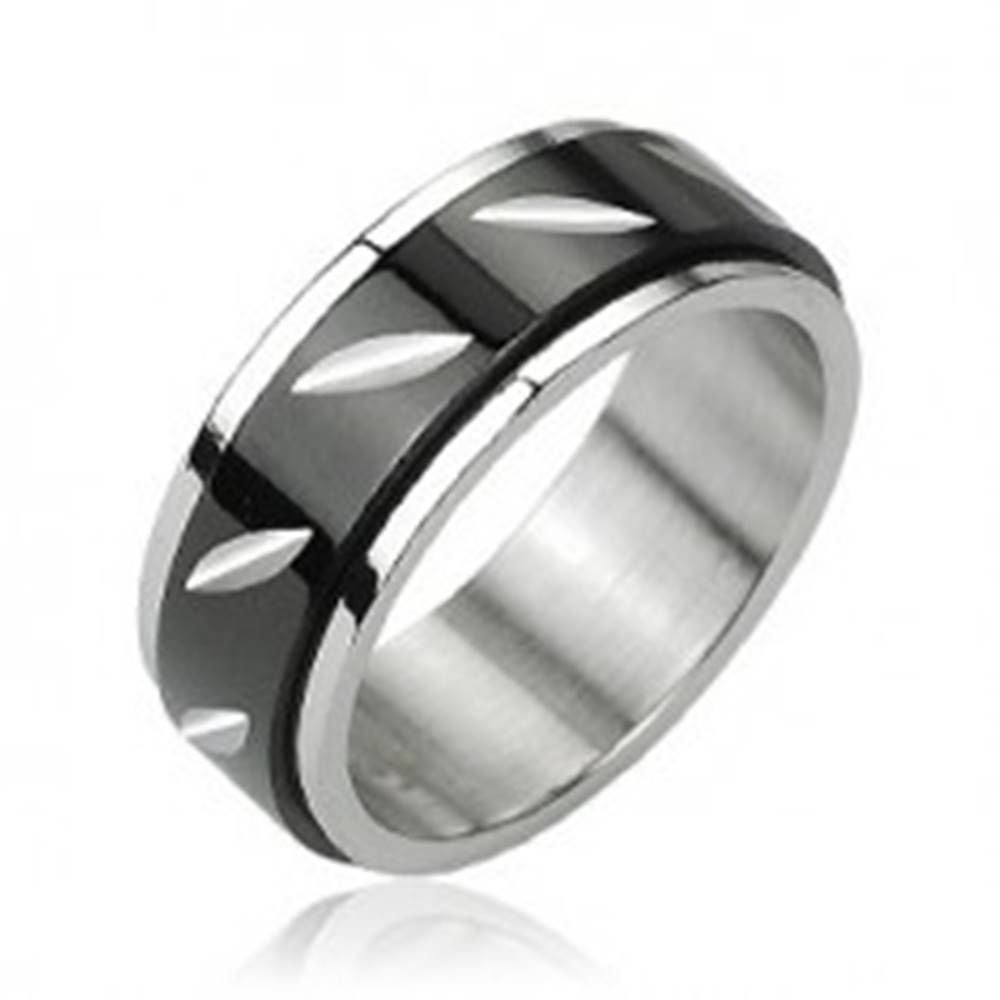 Šperky eshop Oceľový prsteň s otáčavým čiernym stredom - zárezy - Veľkosť: 58 mm