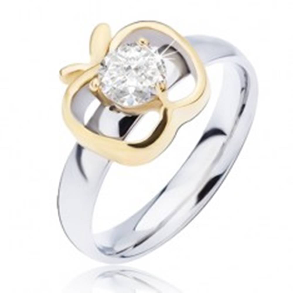 Šperky eshop Oceľový prsteň striebornej farby, obrys jablka zlatej farby s okrúhlym čírym zirkónom - Veľkosť: 49 mm