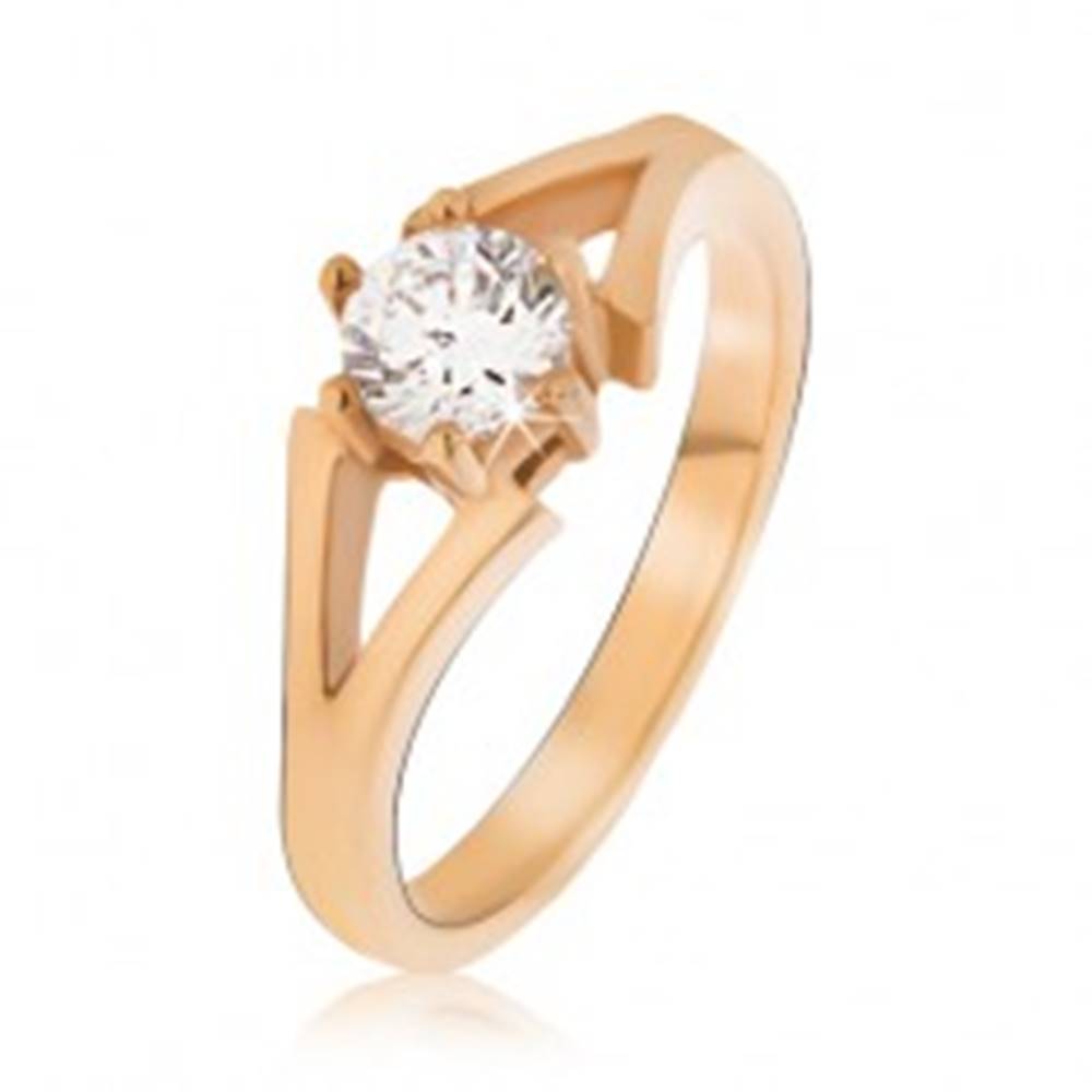 Šperky eshop Oceľový prsteň zlatej farby, rozvetvujúce sa ramená, číry kamienok - Veľkosť: 49 mm