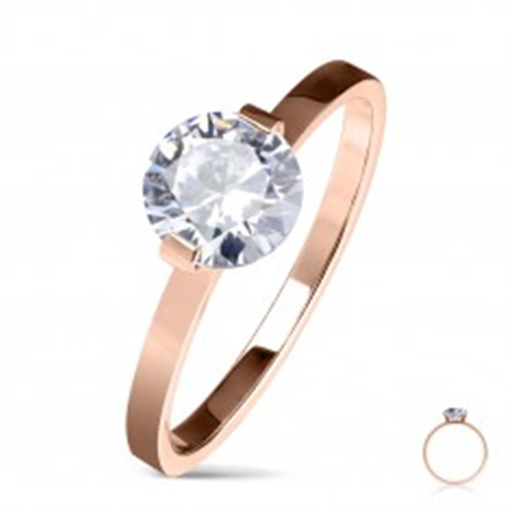 Šperky eshop Oceľový zásnubný prsteň medenej farby, okrúhly číry zirkón, lesklé ramená - Veľkosť: 50 mm