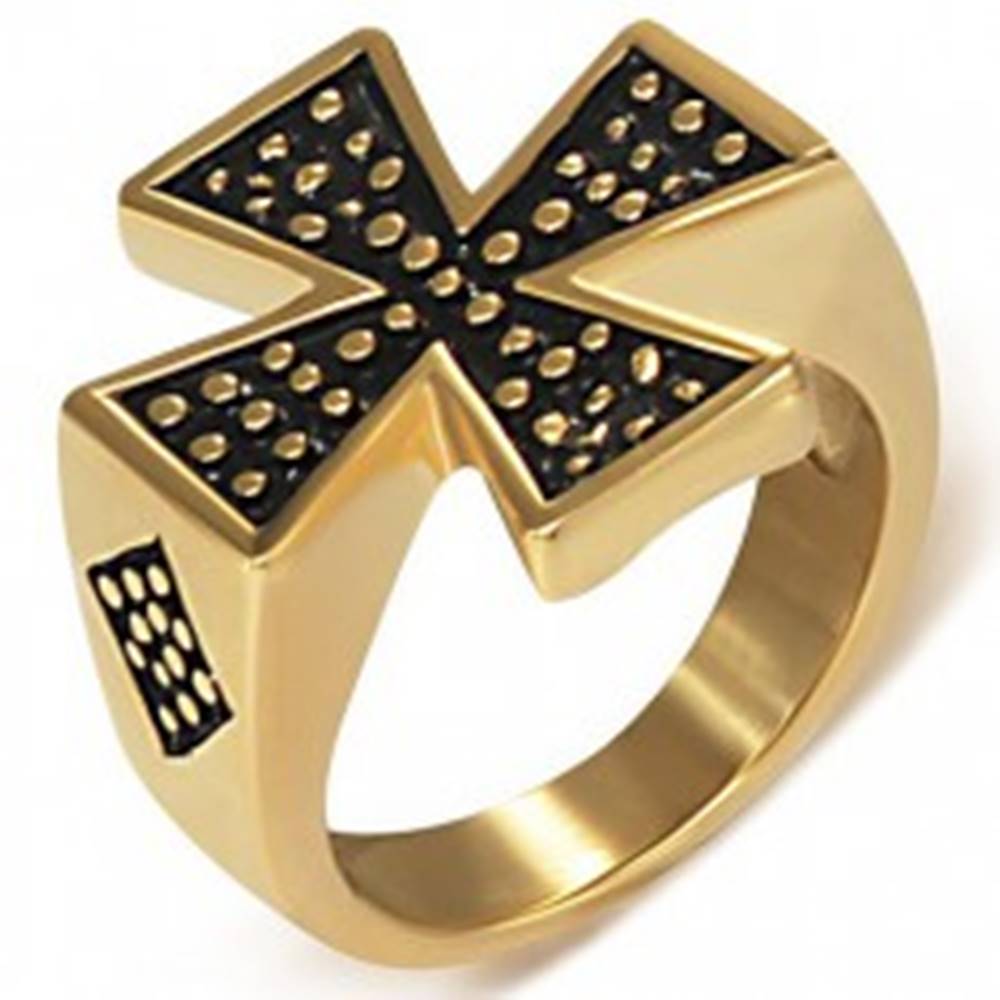 Šperky eshop Pečatný prsteň z ocele zlatej farby - Maltézsky kríž - Veľkosť: 51 mm