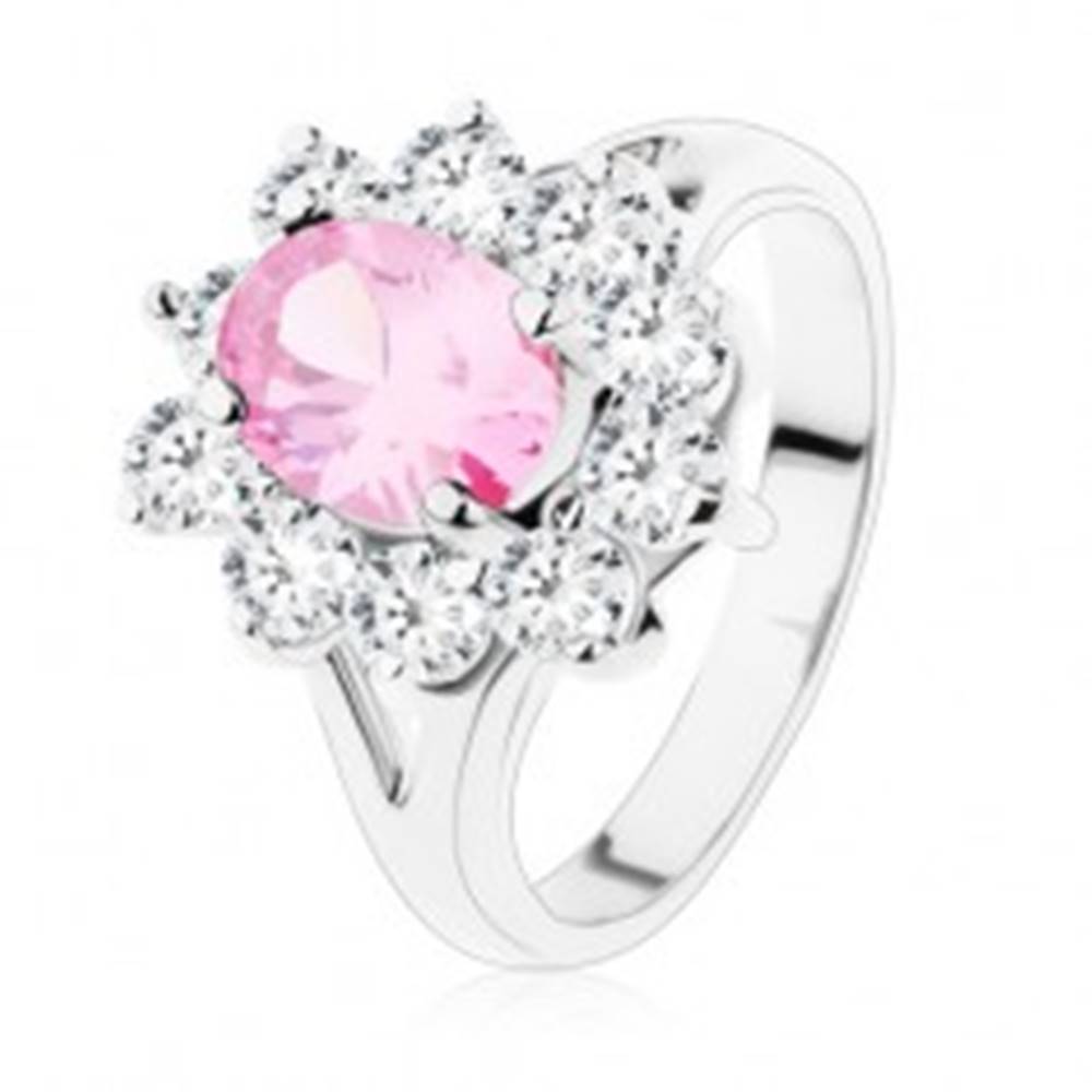Šperky eshop Prsteň s rozdvojenými ramenami, ružový zirkónový ovál, číre lemovanie - Veľkosť: 48 mm