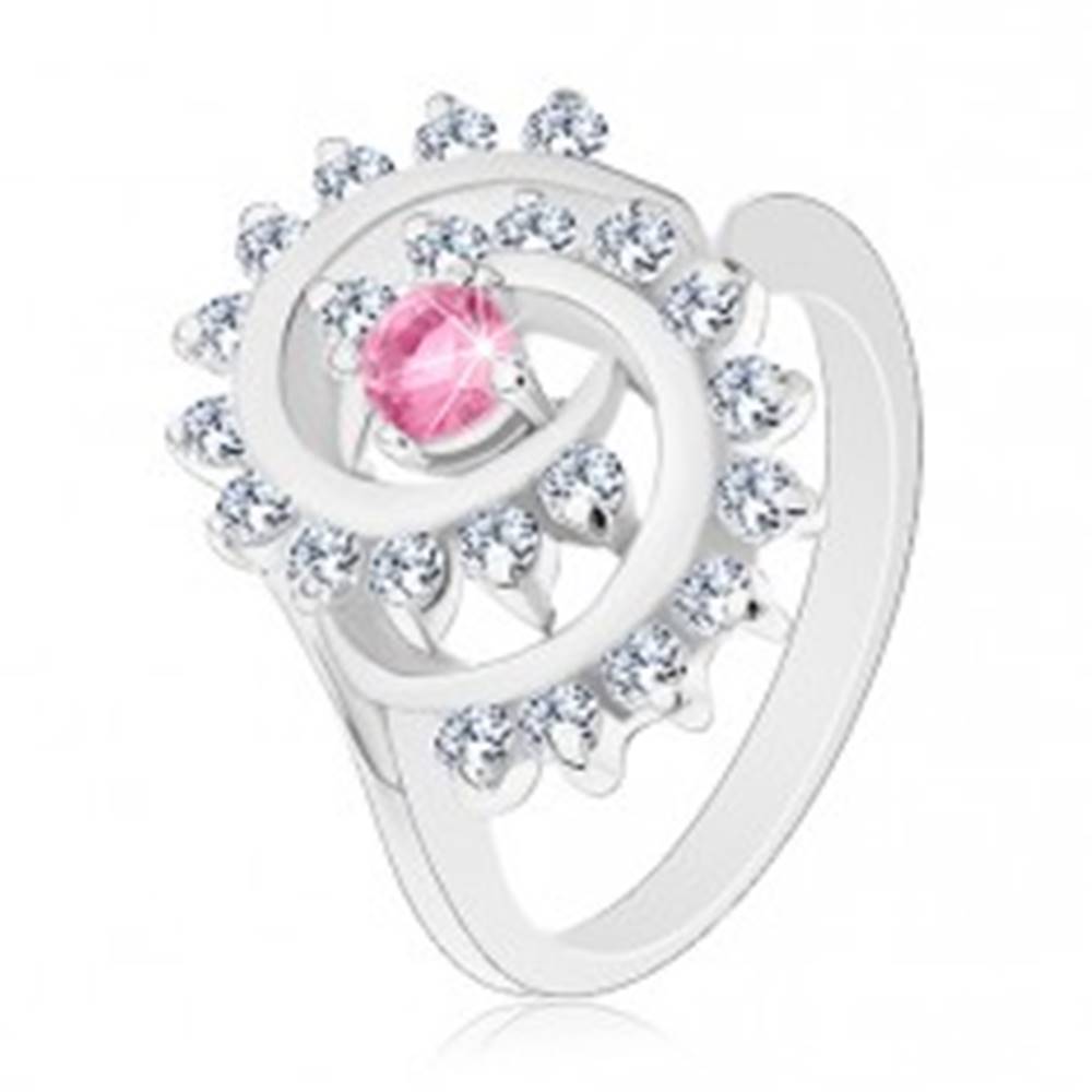 Šperky eshop Prsteň v striebornej farbe, špirála s čírym lemom, ružový okrúhly zirkón - Veľkosť: 50 mm