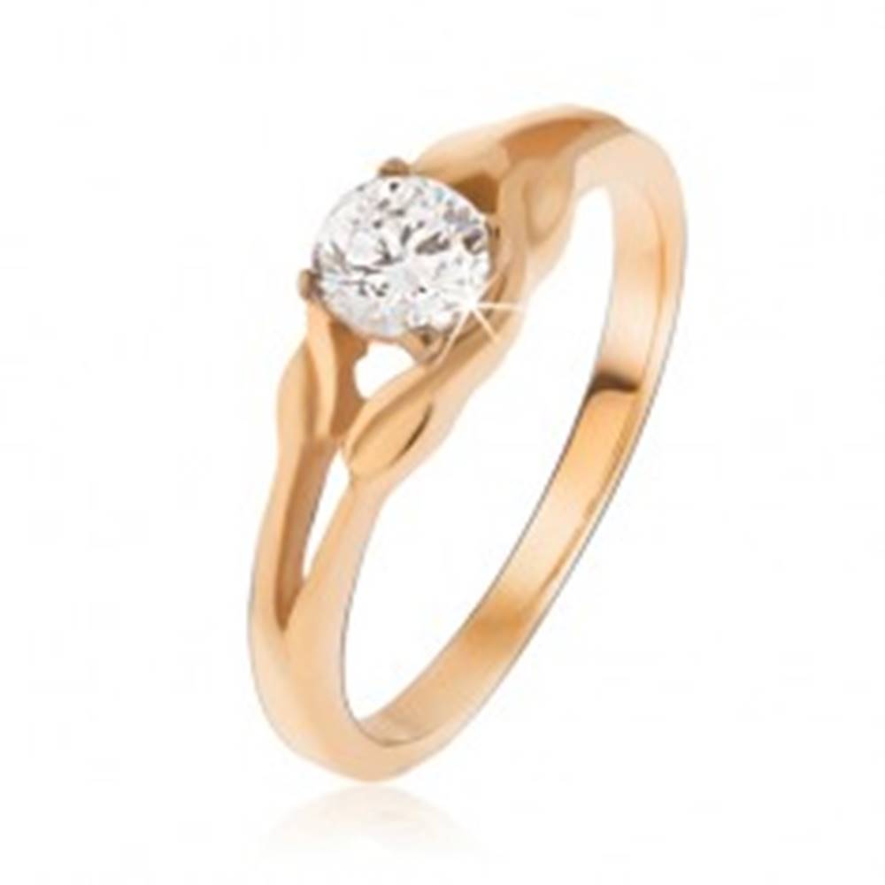 Šperky eshop Prsteň zlatej farby z ocele, zirkón uprostred elipsy - Veľkosť: 49 mm