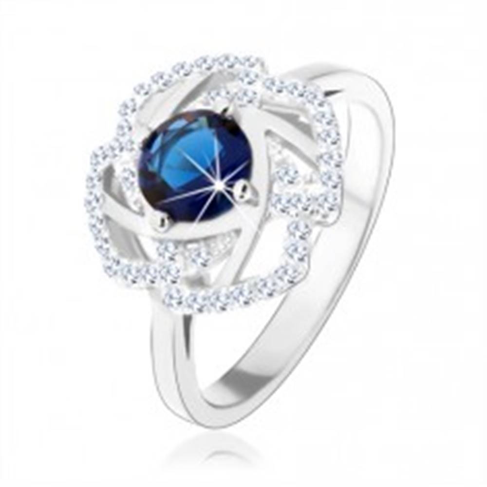Šperky eshop Strieborný 925 prsteň, trblietavý obrys kvetu, modrý okrúhly zirkón - Veľkosť: 51 mm