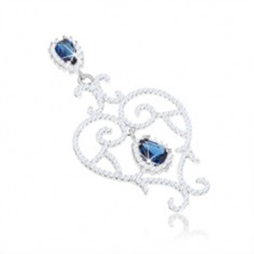 Šperky eshop Strieborný prívesok 925, kontúra srdca, špirálovité línie, číre a modré zirkóny