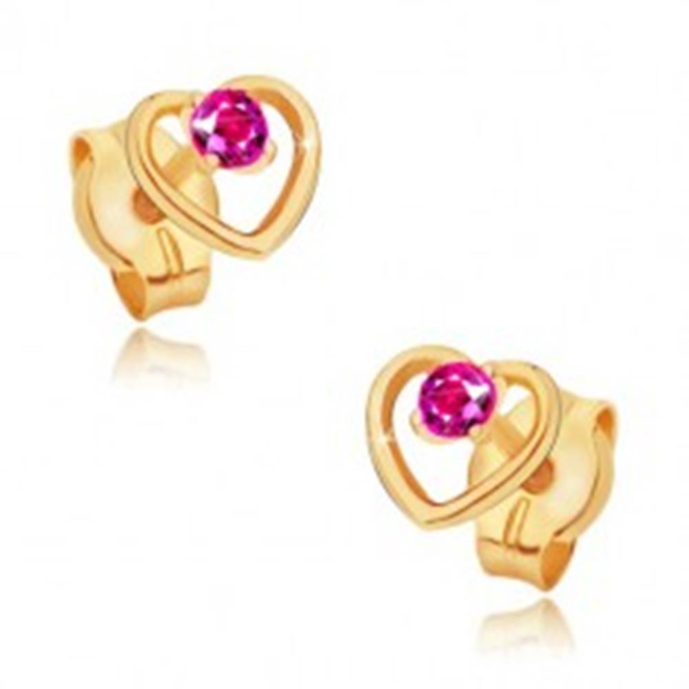 Šperky eshop Zlaté náušnice 585 - obrys pravidelného srdca, okrúhly ružový rubín