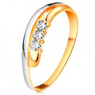 Briliantový prsteň v 18K zlate, zvlnené dvojfarebné línie ramien, tri číre diamanty - Veľkosť: 51 mm