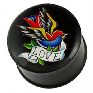 Plug do ucha - pestrofarebný vtáčik, stuha a nápis LOVE - Hrúbka piercingu: 10 mm