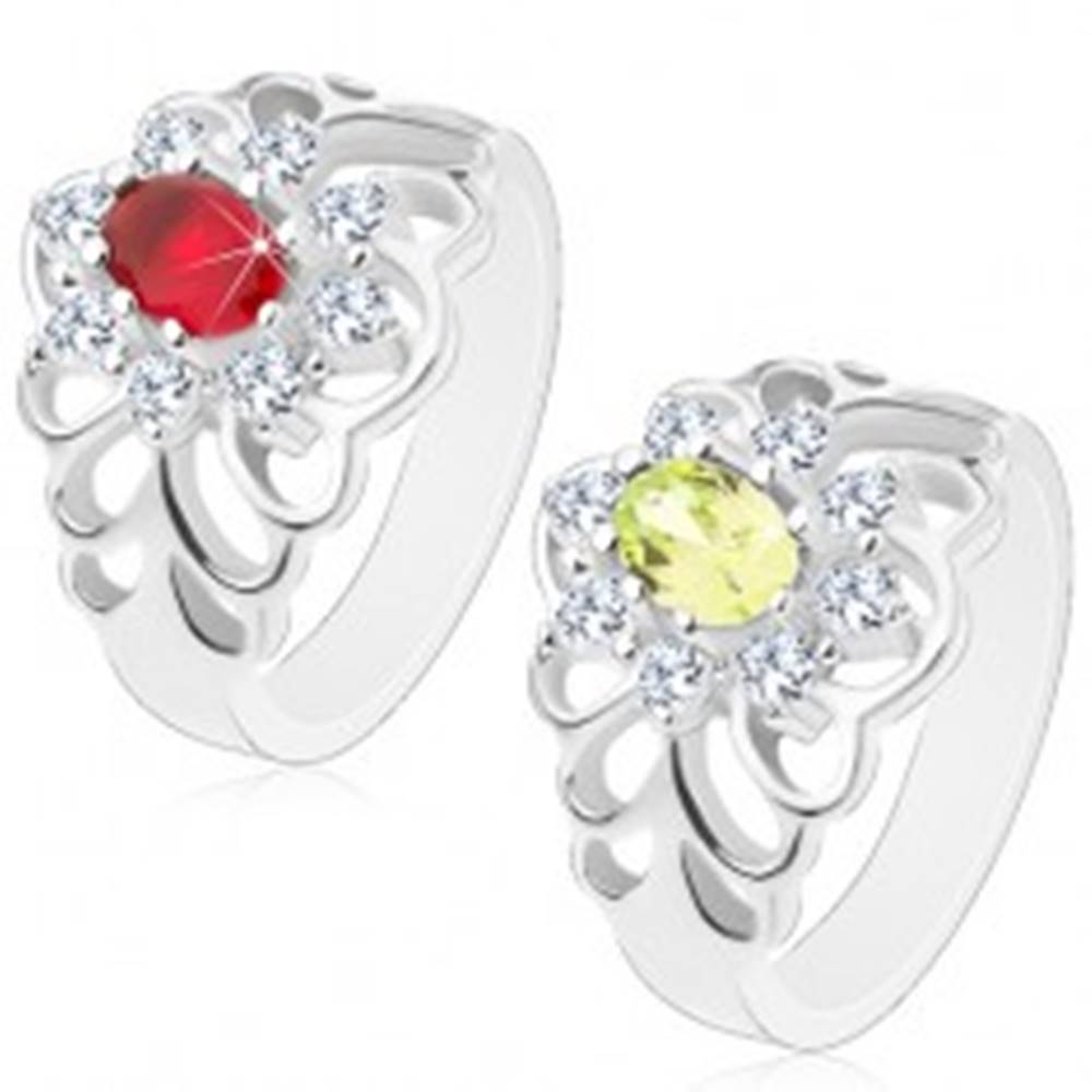 Šperky eshop Lesklý prsteň s vyrezávanými ramenami, brúsený oválny zirkón s čírou obrubou - Veľkosť: 51 mm, Farba: Červená