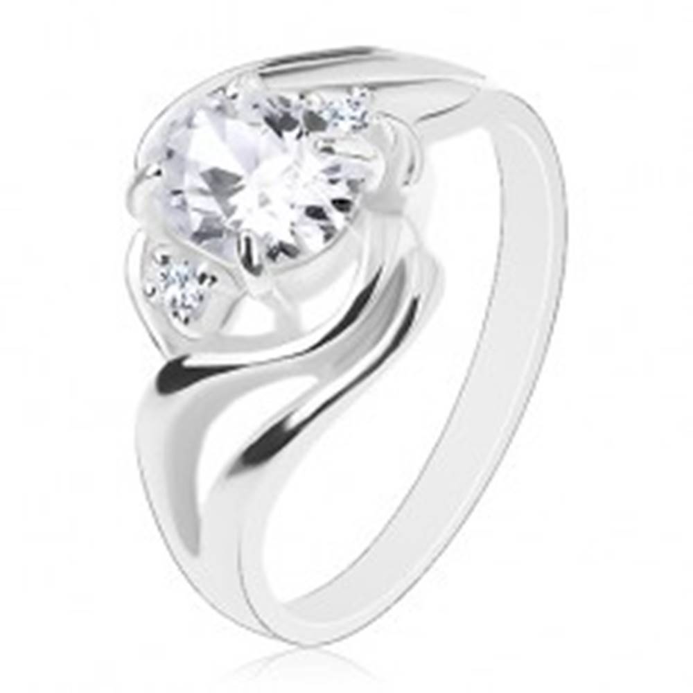 Šperky eshop Ligotavý prsteň, rozdelené zvlnené ramená, veľký oválny zirkón čírej farby - Veľkosť: 57 mm