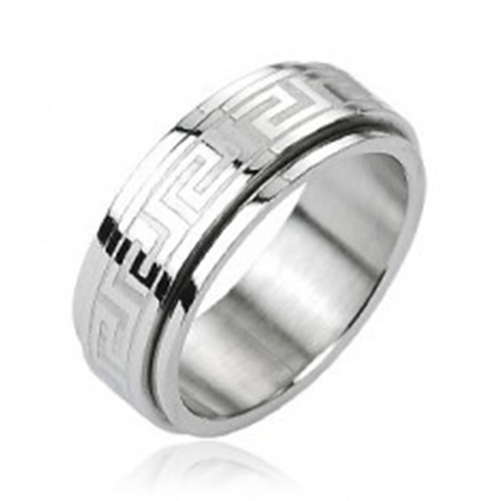 Šperky eshop Oceľový prsteň - otáčavý stred, grécky kľúč, strieborná farba - Veľkosť: 58 mm