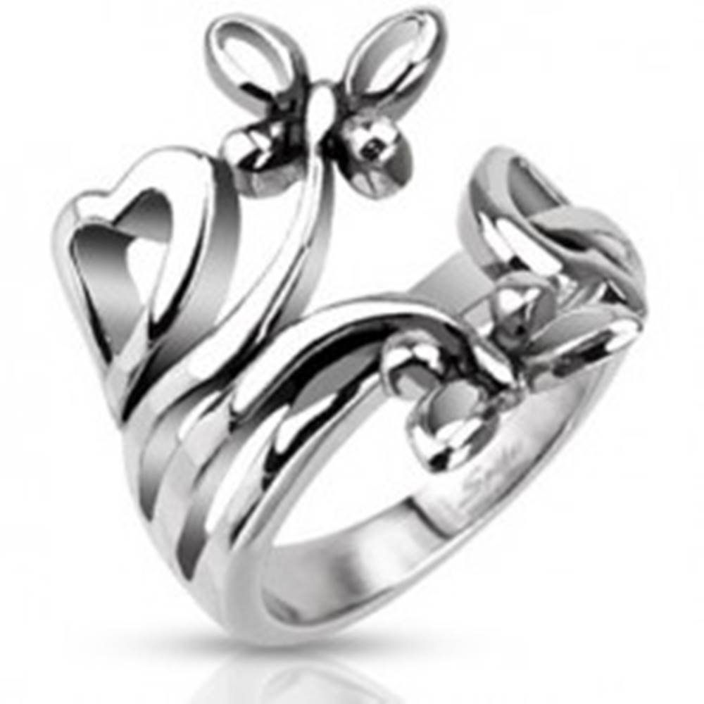 Šperky eshop Oceľový prsteň s motívmi sŕdc a motýľov - Veľkosť: 49 mm