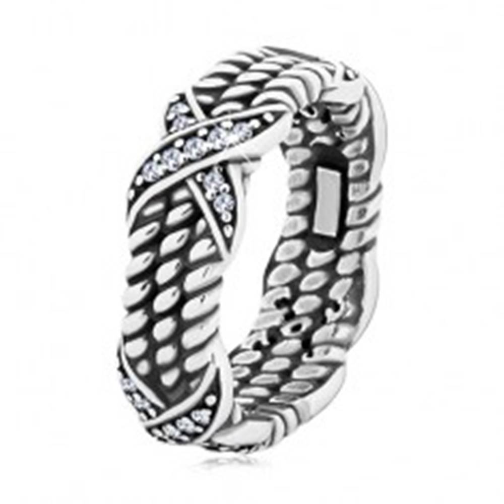 Šperky eshop Patinovaný strieborný prsteň 925, motív točeného lana, krížiky so zirkónmi - Veľkosť: 50 mm