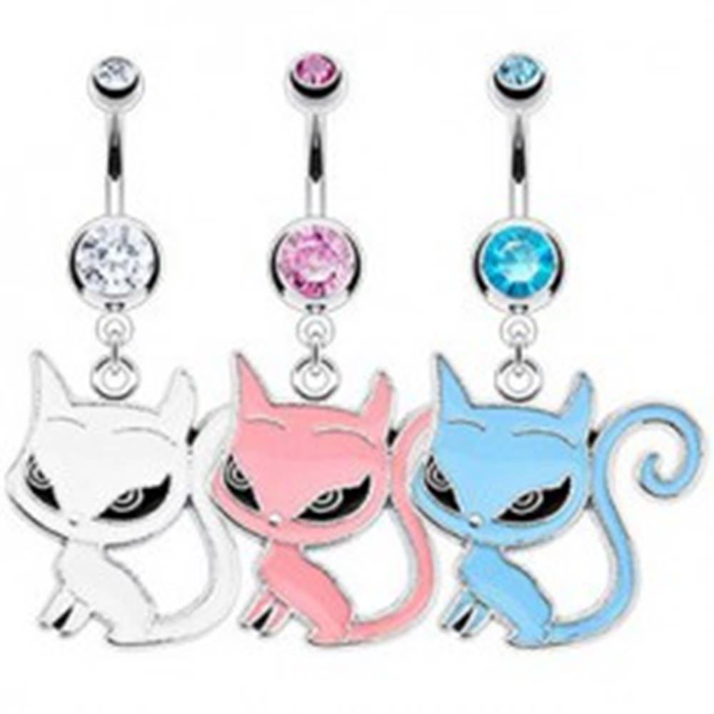 Šperky eshop Piercing do pupka - sediaca mačička, veľké oči - Farba zirkónu: Aqua modrá - Q