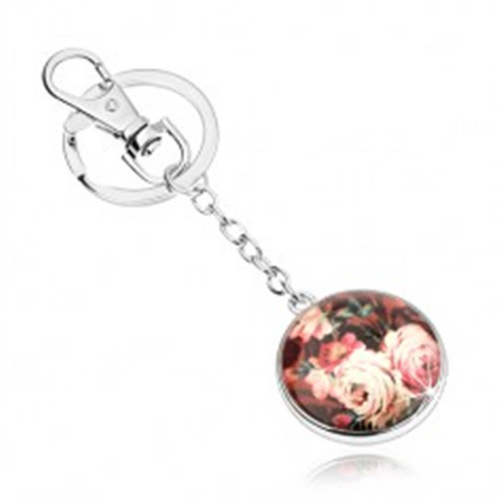 Šperky eshop Prívesok na kľúče, kruh, vypuklá číra glazúra, pestrofarebné rozkvitnuté ruže