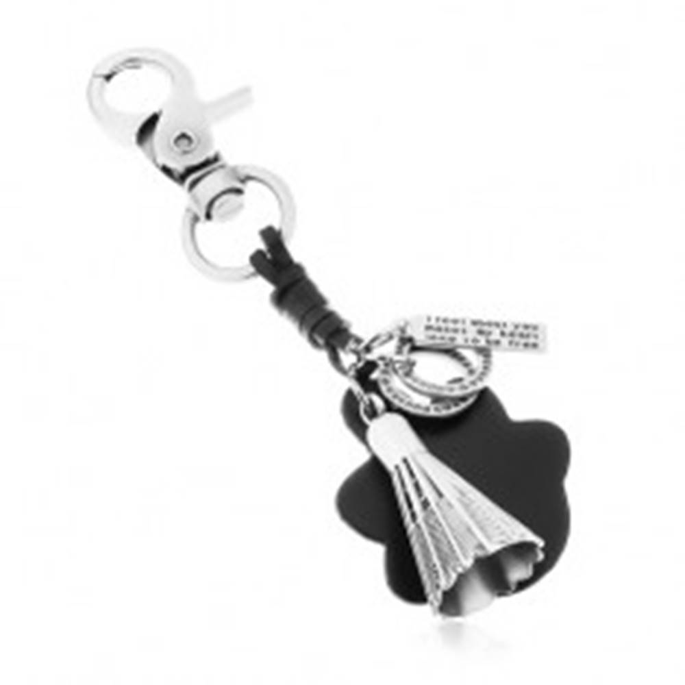 Šperky eshop Prívesok na kľúče v sivej a čiernej farbe, bedmintonový košík, známka a kruhy
