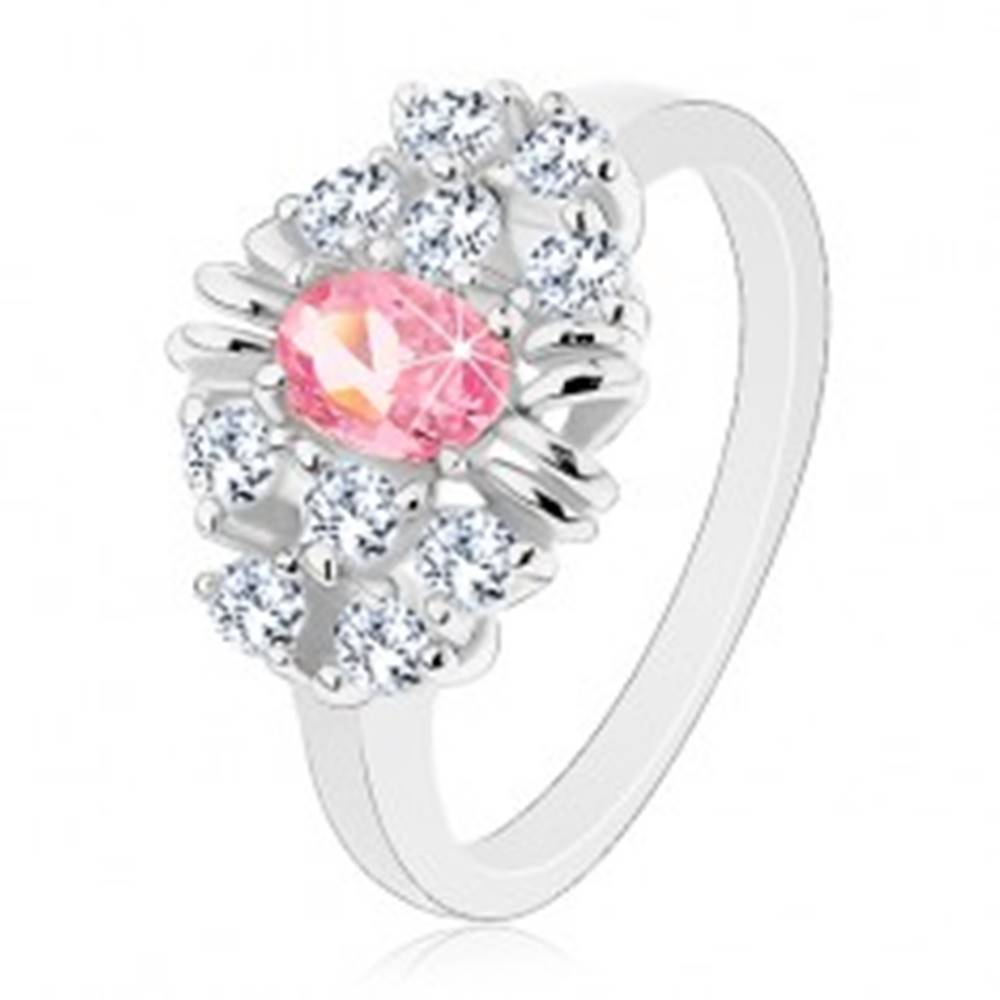 Šperky eshop Prsteň s lesklými hladkými ramenami, brúsený ružový ovál, číre zirkóniky - Veľkosť: 54 mm