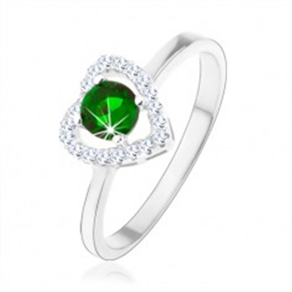 Šperky eshop Prsteň zo striebra 925, ligotavá kontúra srdca, zelený okrúhly zirkón - Veľkosť: 46 mm