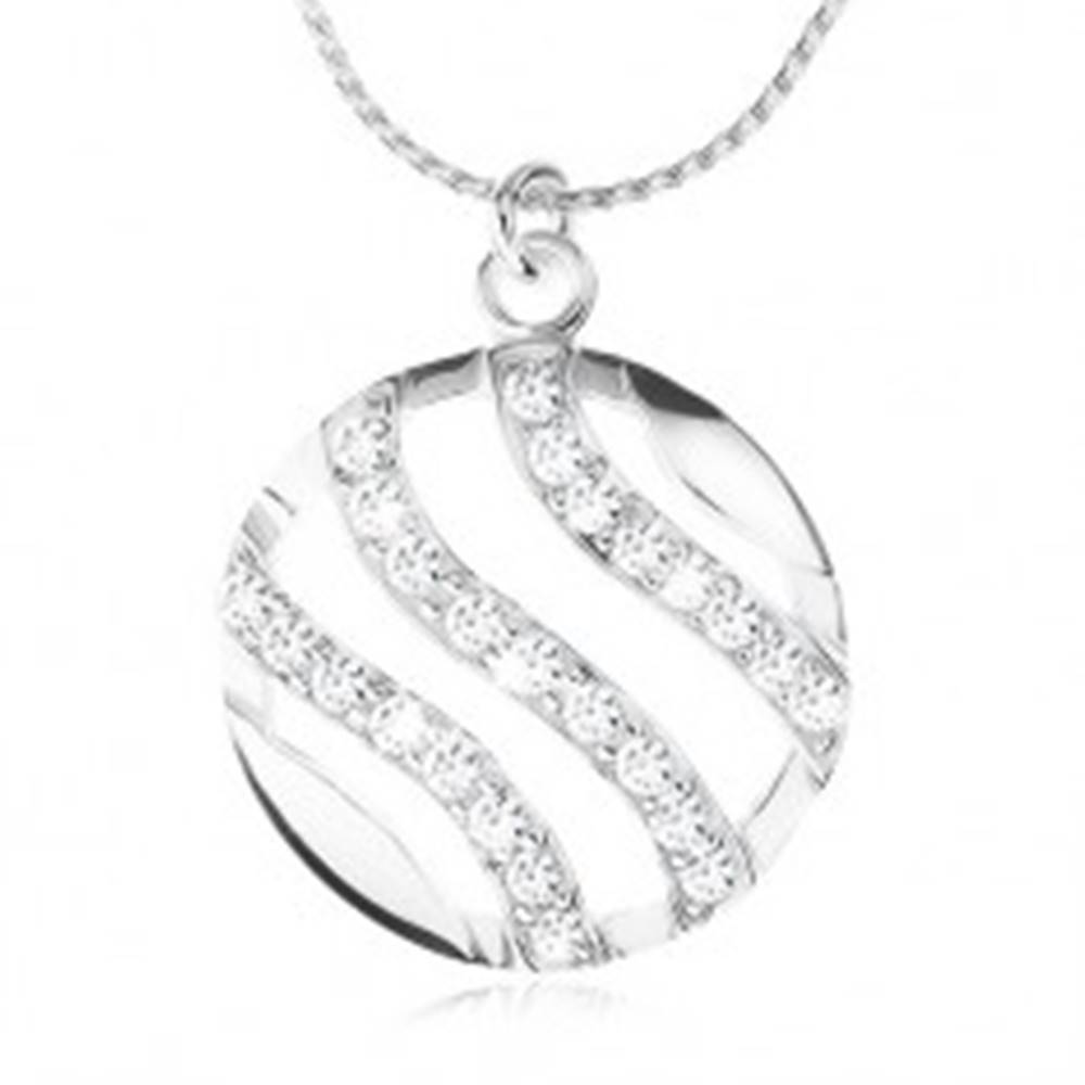 Šperky eshop Strieborný náhrdelník 925, retiazka a okrúhly prívesok, vlnky vykladané zirkónmi