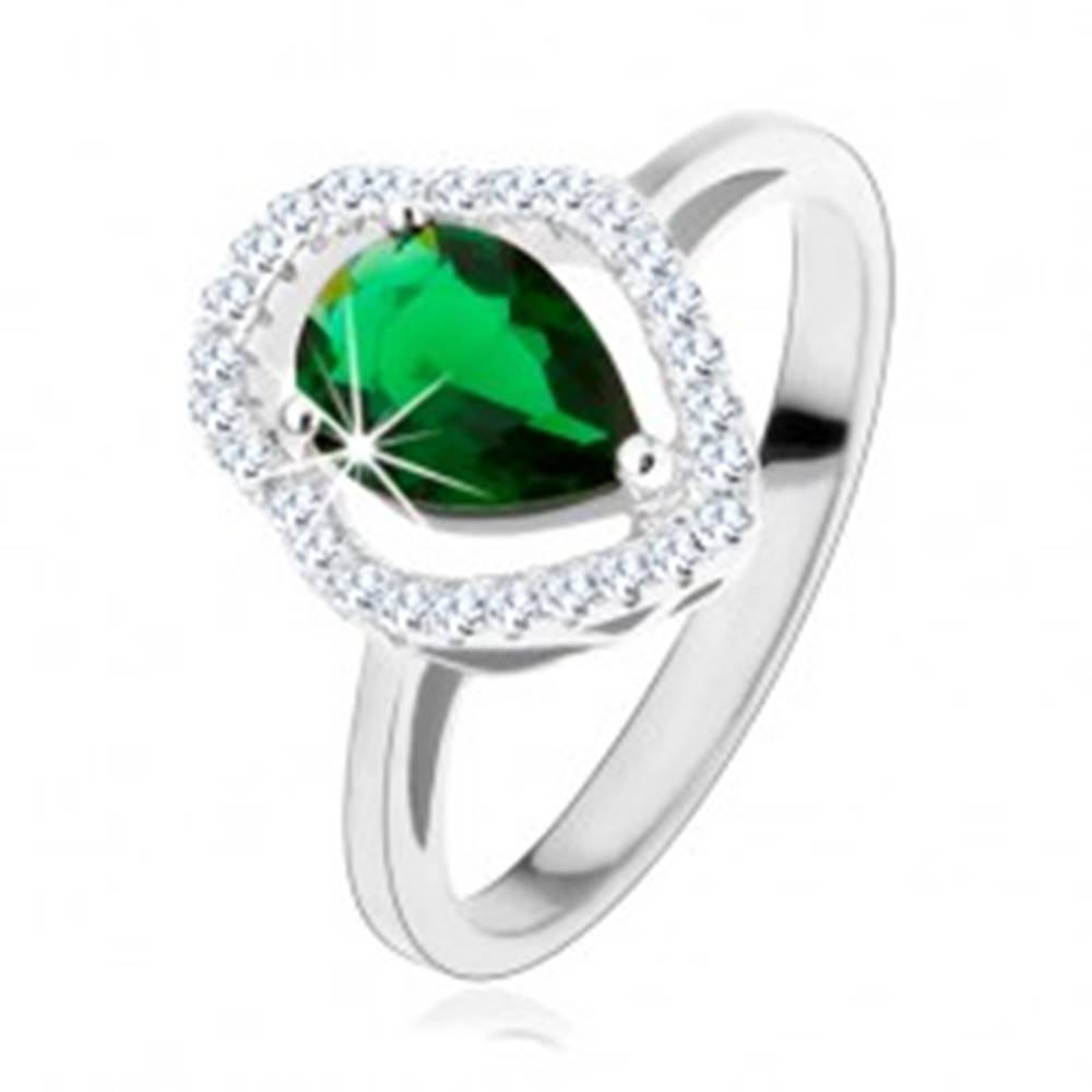 Šperky eshop Strieborný prsteň 925, zelená zirkónová kvapka, číry ligotavý obrys - Veľkosť: 49 mm