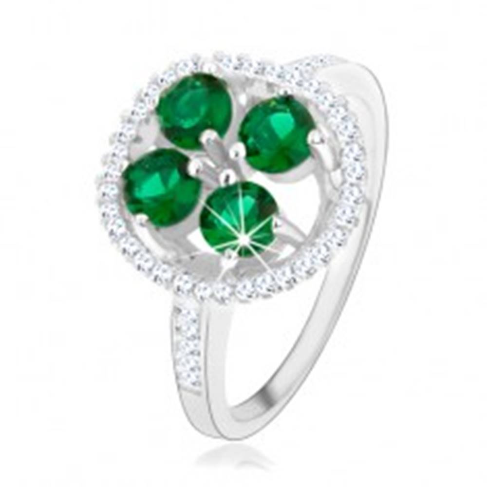 Šperky eshop Zásnubný strieborný prsteň 925, okrúhly ligotavý kvet, zelené zirkóny - Veľkosť: 49 mm