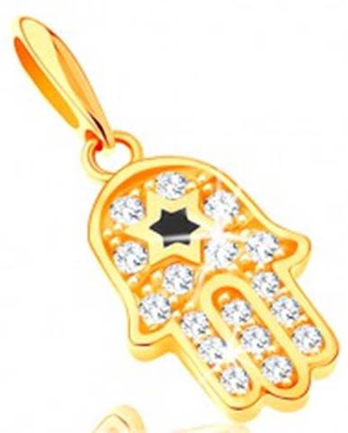 Prívesok zo žltého 14K zlata - symbol Hamsa s čírymi zirkónmi a čiernou hviezdou