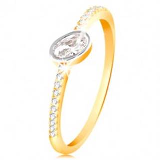 Zlatý prsteň 585 - číry oválny zirkón v objímke z bieleho zlata, zirkónové línie - Veľkosť: 49 mm
