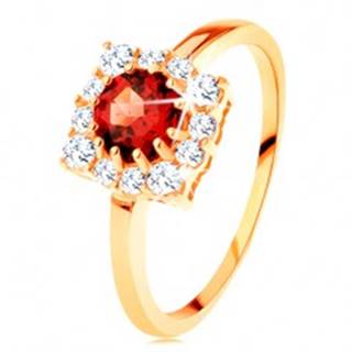 Zlatý prsteň 585 - štvorcový zirkónový obrys, okrúhly červený granát - Veľkosť: 49 mm