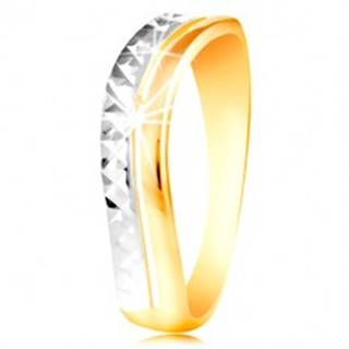 Zlatý prsteň 585 - vlnka z bieleho a žltého zlata, ligotavý brúsený povrch - Veľkosť: 49 mm