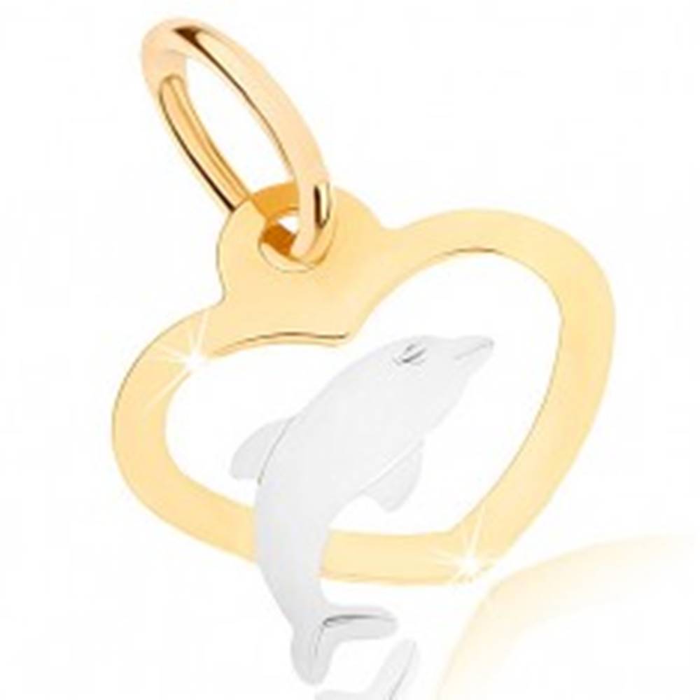 Šperky eshop Dvojfarebný prívesok v 9K zlate - obrys súmerného srdca, delfínik