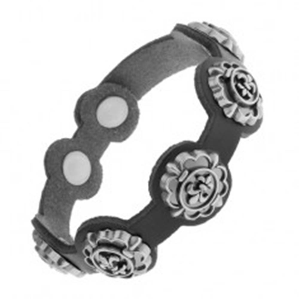 Šperky eshop Náramok z čiernej syntetickej kože, patinované symboly Fleur de Lis