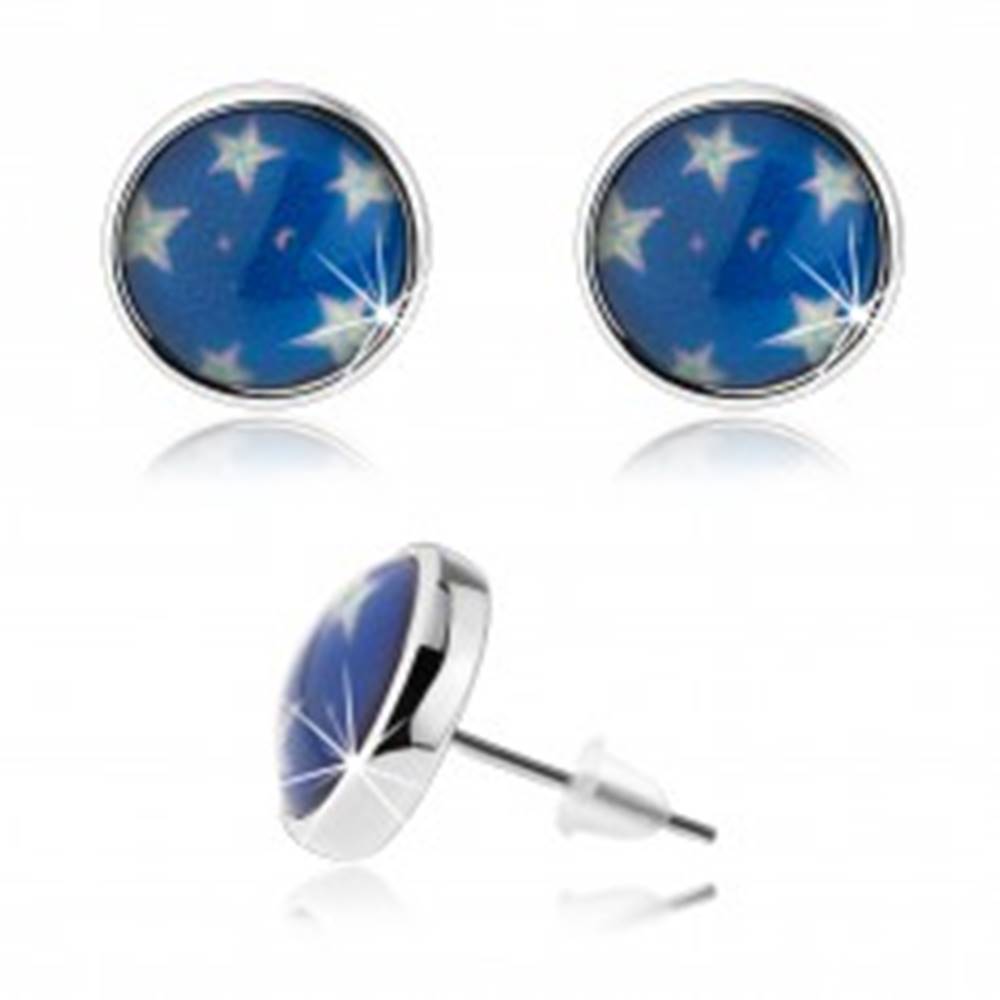 Šperky eshop Náušnice cabochon, číra glazúra, biele hviezdy, modrý podklad, puzetky